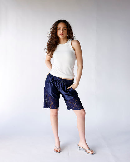 navy satin and lace long line sporty shorts women