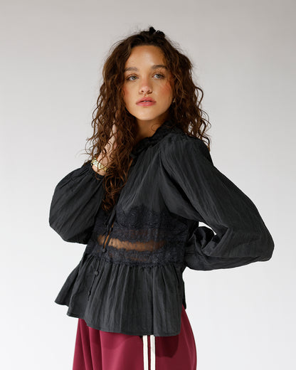STELLA SHEER LACE DETAIL BLOUSE X BLACK