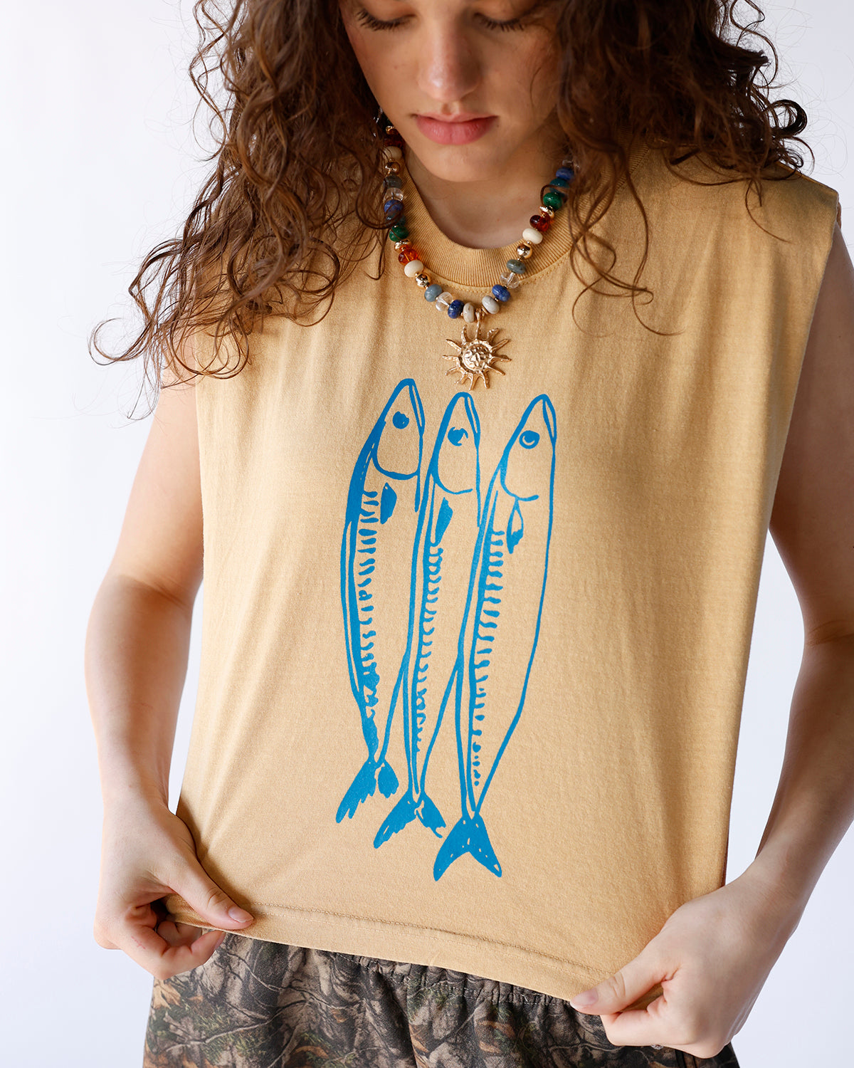 mustard yellow muscle tee with fish graphic 