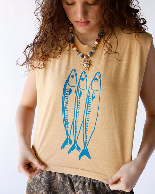 mustard yellow muscle tee with fish graphic 