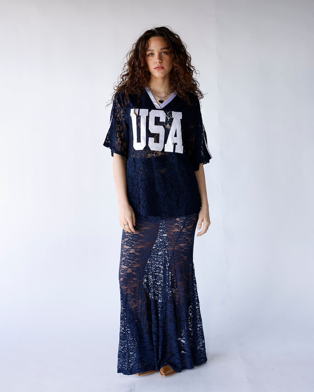 navy sheer floral lace maxi skirt