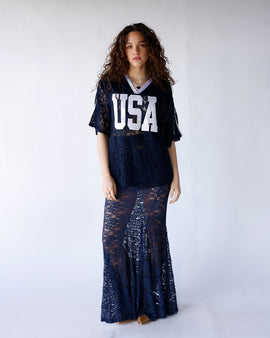 navy sheer floral lace maxi skirt