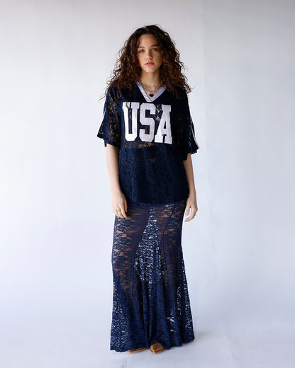 navy sheer floral lace maxi skirt