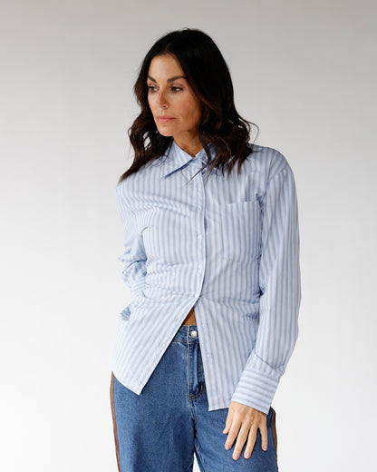 stripped button up layering piece easy fall outfit work top work blouse 