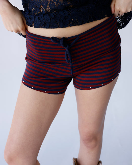burgundy and navy blue striped mirco shorts with studs at bottom boys lie stud wrangler micro shorts