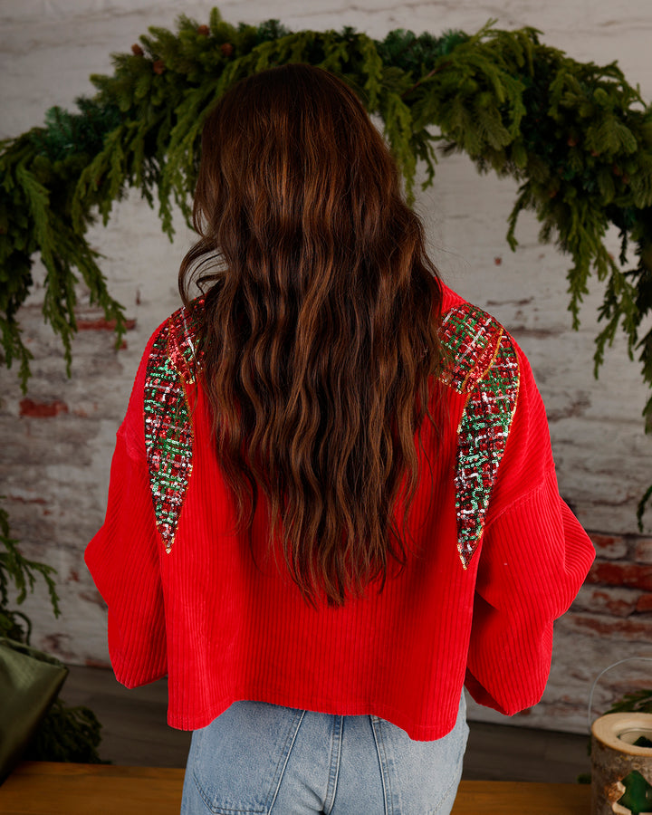 BOW SHOULDER CHRISTMAS PULLOVER X RED