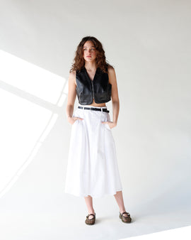 white midi skirt with black belt and front pleats everyday white midi skirt