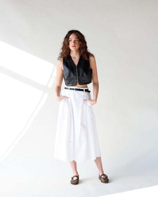 white midi skirt with black belt and front pleats everyday white midi skirt