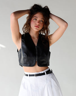 cropped black leather zip up vest