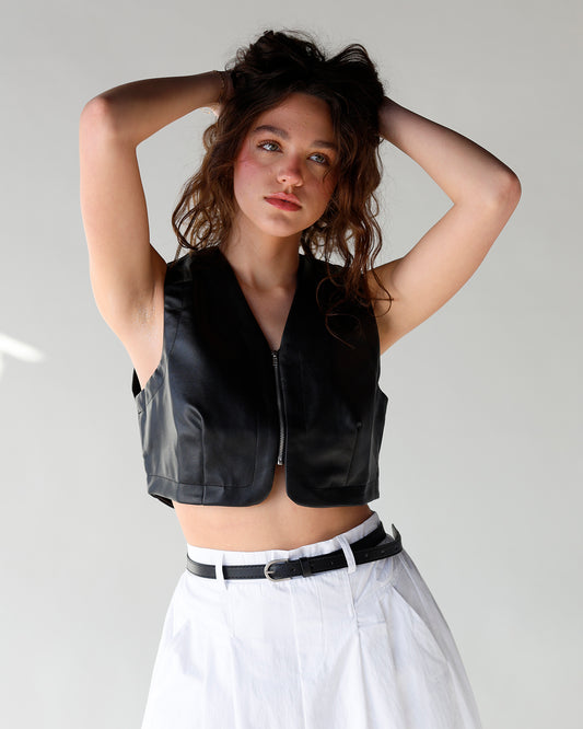 cropped black leather zip up vest