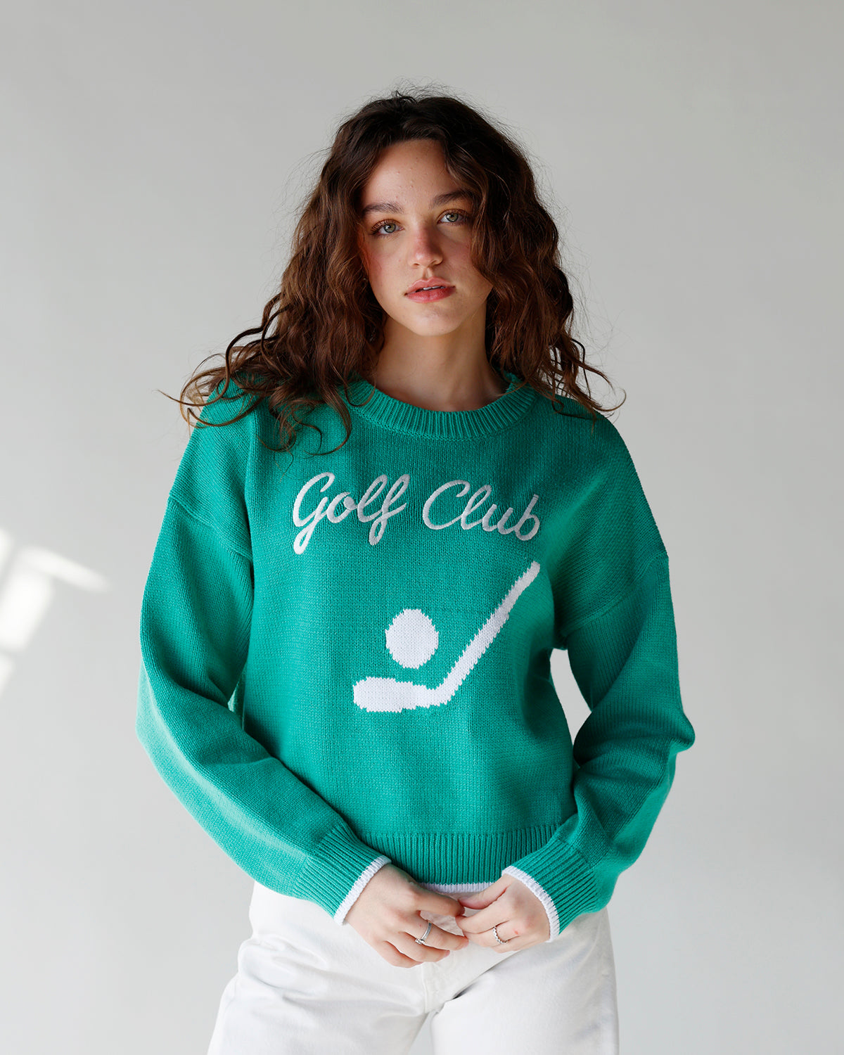 green long sleeve golf sweater masters outfit inspo women's golf themed sweater