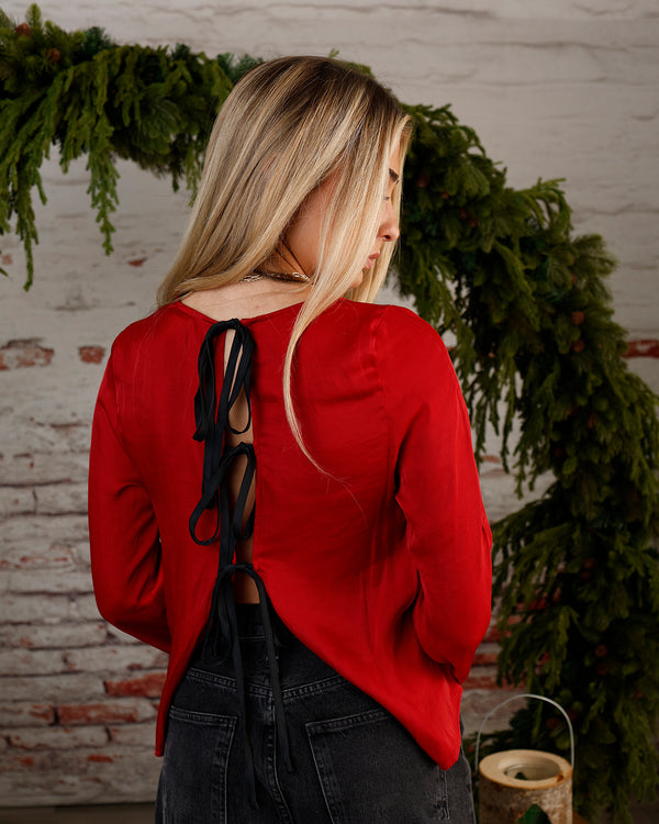 FREE PEOPLE ARABELLA SATIN TIE BACK TOP X RED