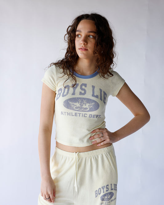 boys lie athletic dept v3 baby tee pale yellow & blue graphic baby tee