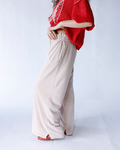 ALMOND FOLD-OVER WAIST WIDE LEG SWEATPANTS