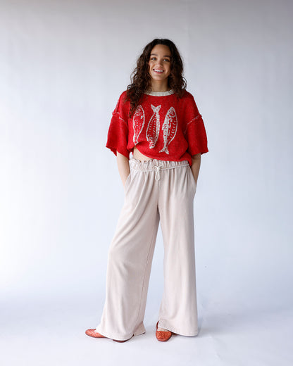 ALMOND FOLD-OVER WAIST WIDE LEG SWEATPANTS