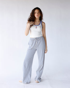 blue and white striped wide leg lounge pants women elastic waist blue and white striped pants