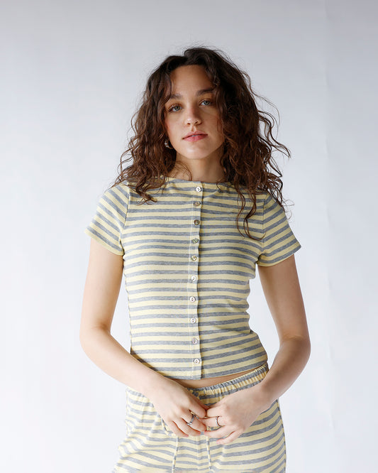 yellow and gray striped short sleeve button front top