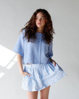 light blue and black polka dot skort business casual blue polka dot skort