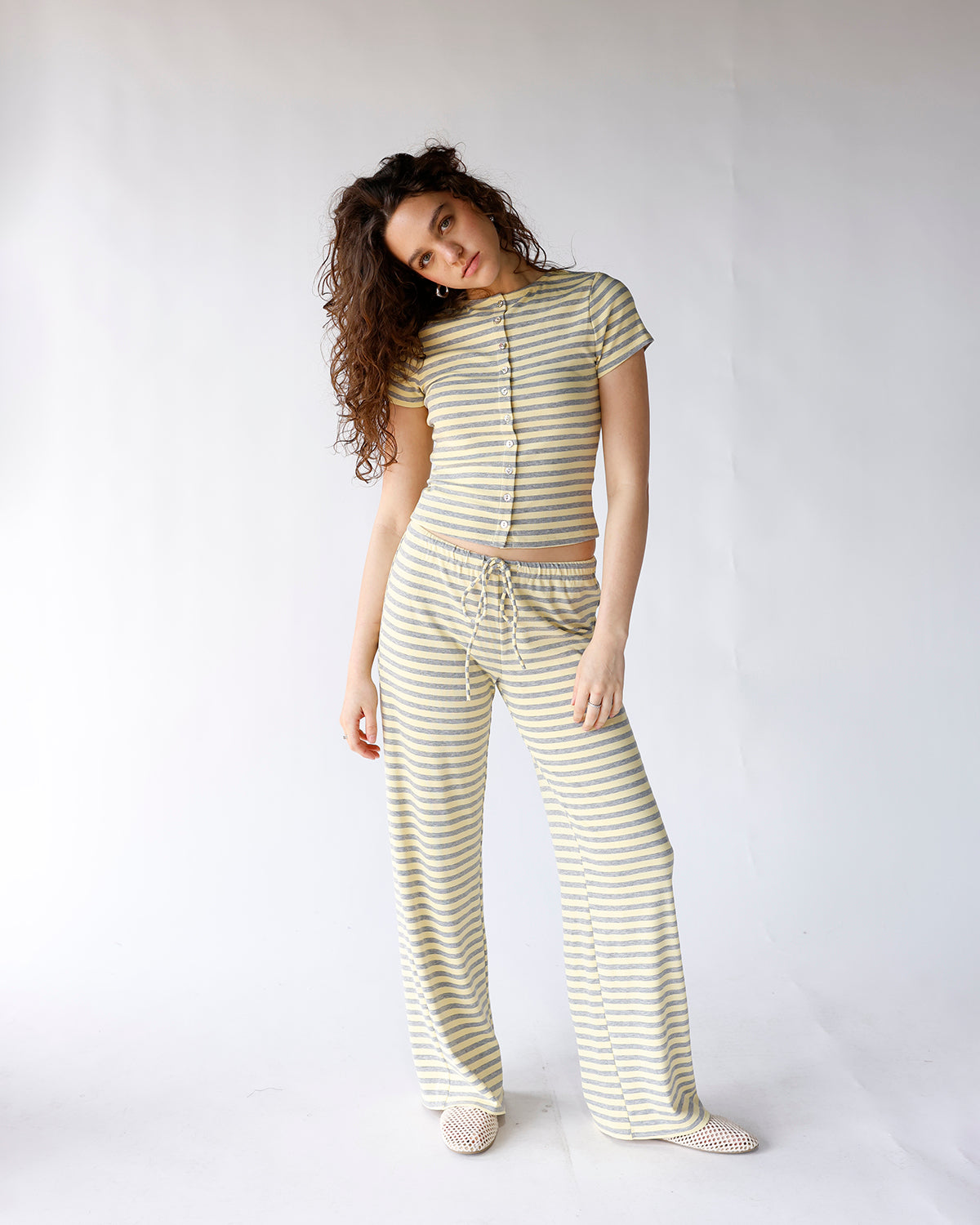 yellow and gray striped wide leg lounge pants women