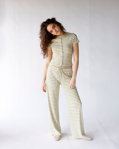 yellow and gray striped wide leg lounge pants women
