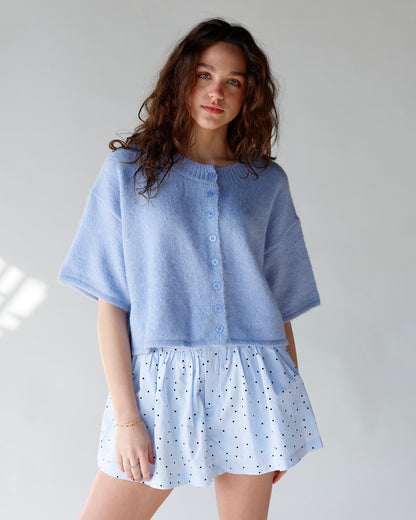 light blue short sleeve button front cardigan sweater