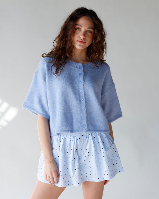 light blue short sleeve button front cardigan sweater