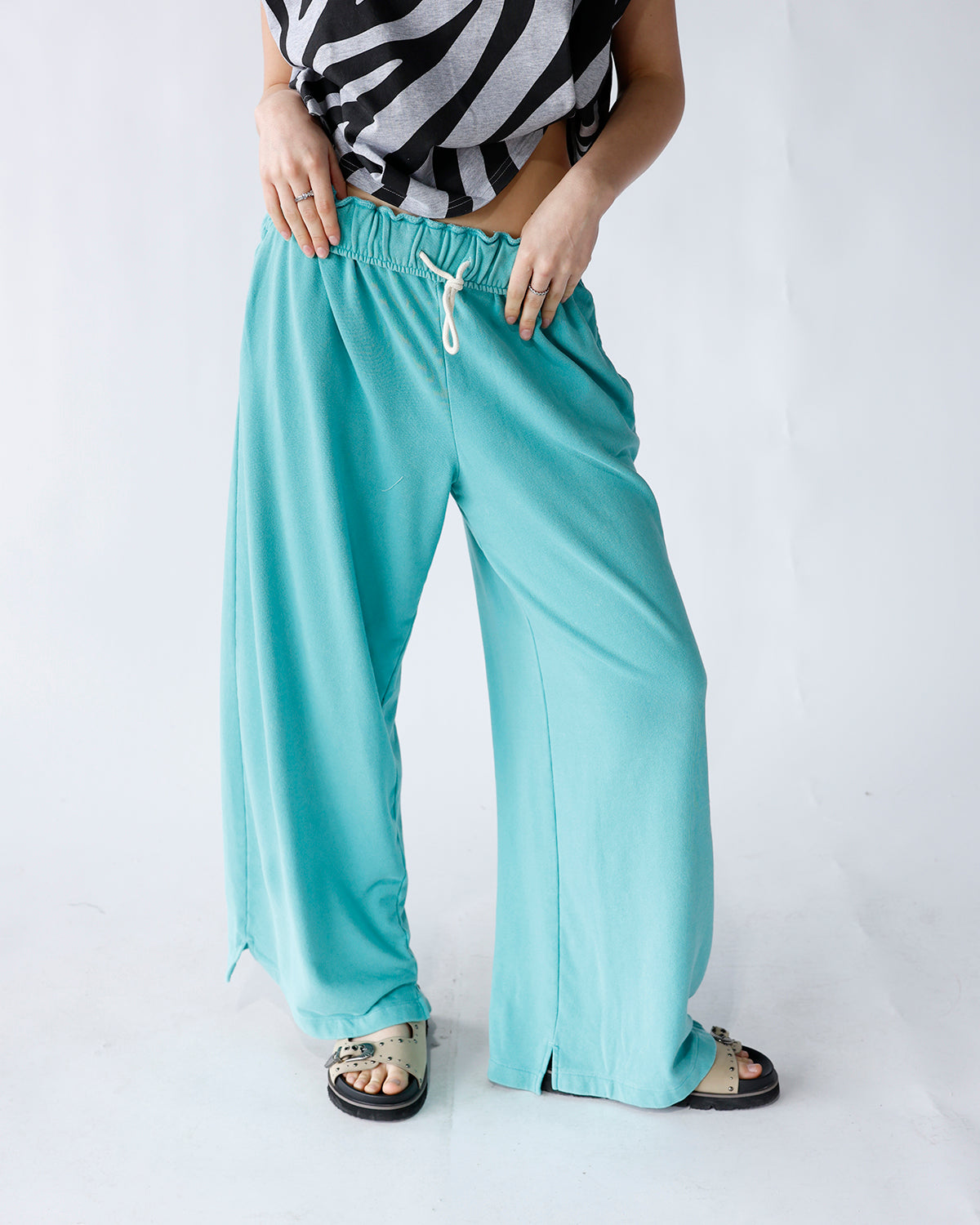 turquoise fold over waist wide leg sweatpants women's turquoise wide leg sweatpants