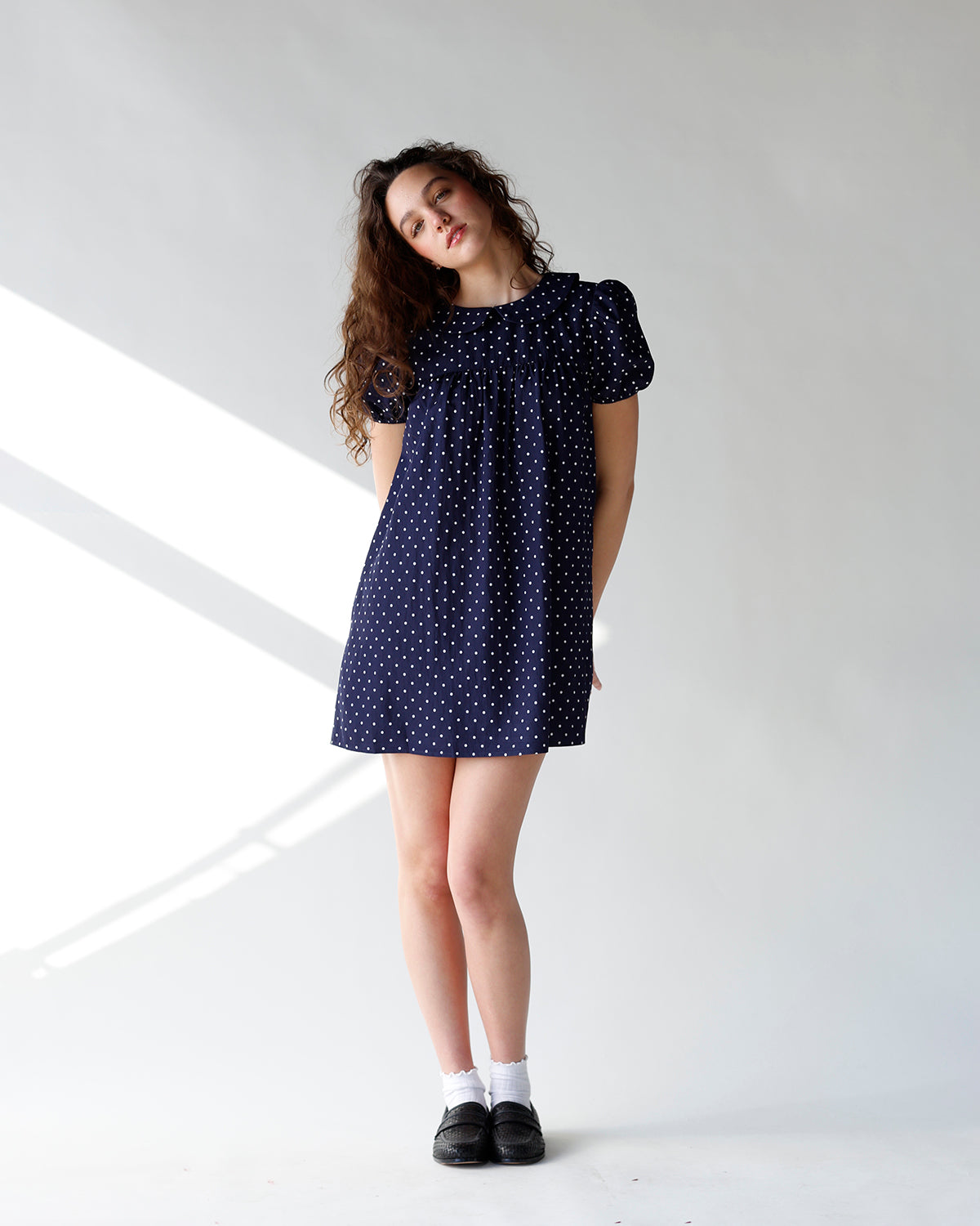 navy with white polka dot babydoll mini dress short sleeve polka dot navy mini dress