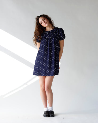 navy with white polka dot babydoll mini dress short sleeve polka dot navy mini dress