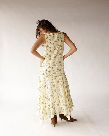 Cream floral sleeveless maxi dress with drop waist and asymmetric hem, back view