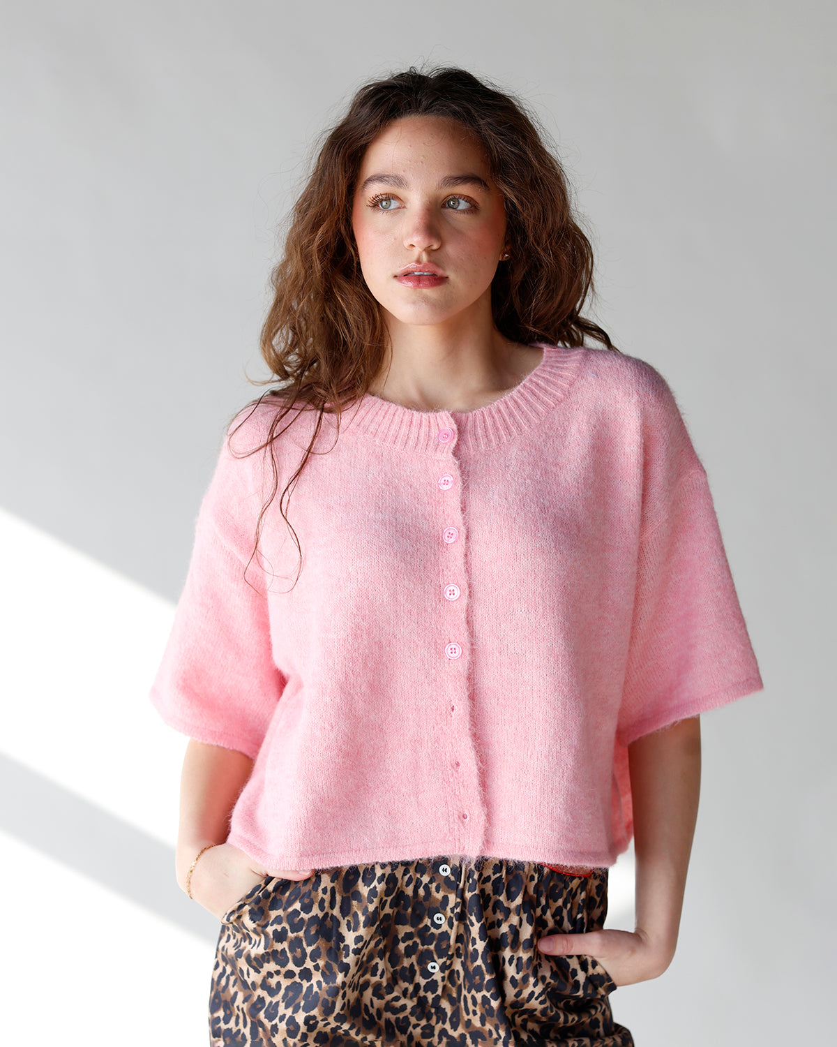 pink short sleeve button front cardigan with elbow length wide sleeve pink short sleeve cardigan sweater