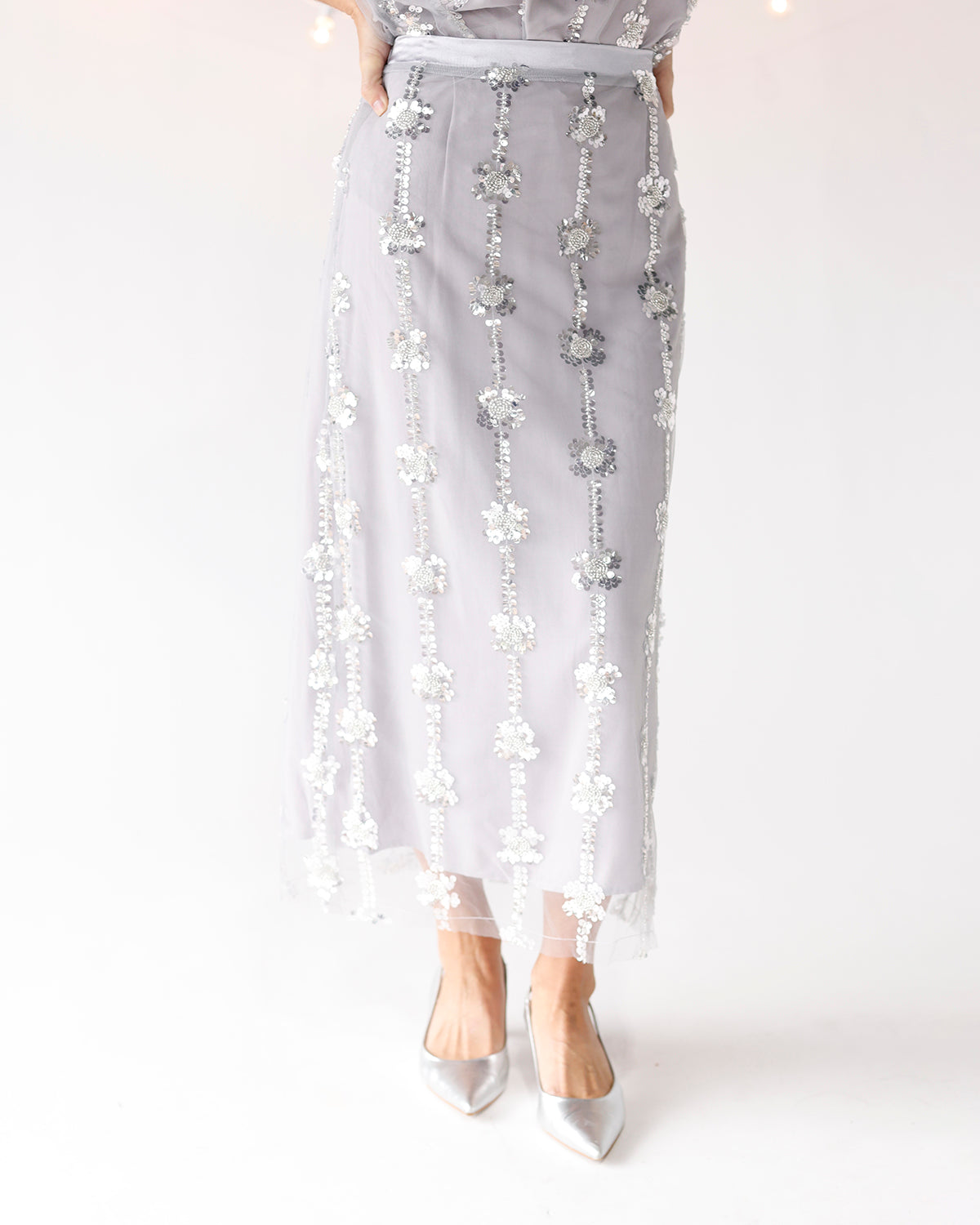 SHEER AS ICE SEQUIN MIDI SKIRT
