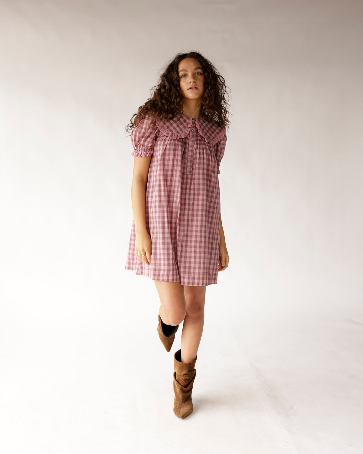 Dusty pink gingham mini dress with peter pan collar and short puff sleeves