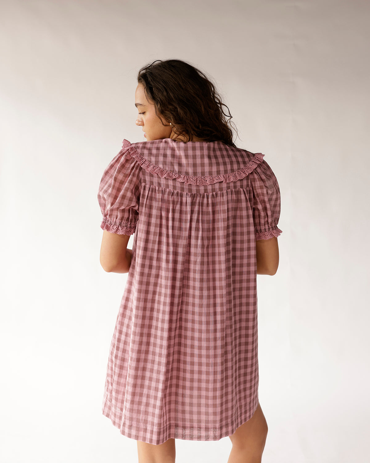 Pink gingham mini dress with puff sleeves, eyelet ruffle trim, back view