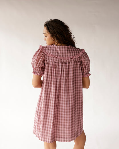 Pink gingham mini dress with puff sleeves, eyelet ruffle trim, back view