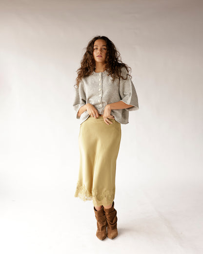 Gray heather button-front knit sweater with wide sleeves and round neckline