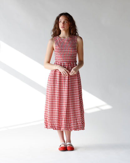 red and white gingham print maxi dress with open back detail