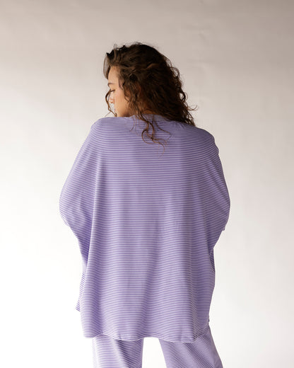 Oversized lavender striped top with batwing sleeves, back view, relaxed fit