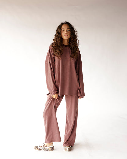 Oversized long sleeve striped top in mauve and dark brown, relaxed fit
