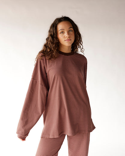 Oversized brown and cream striped long sleeve top with relaxed fit