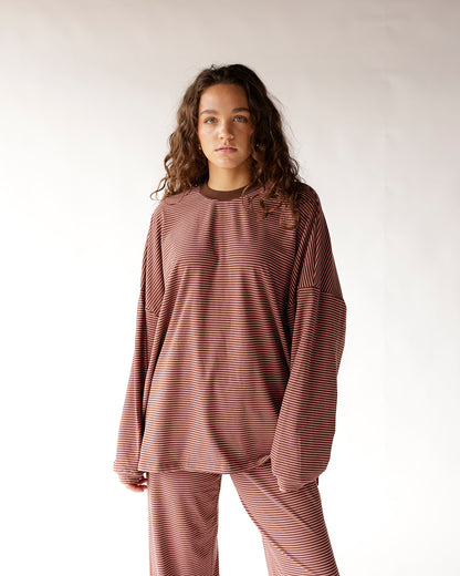 Oversized brown and cream striped long sleeve top with dropped shoulders