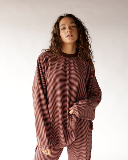 Oversized brown and cream striped long sleeve top with relaxed fit