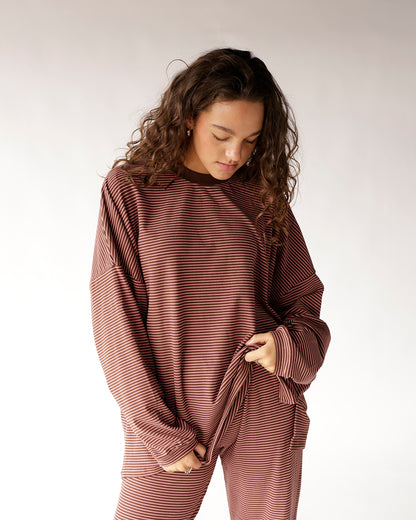 Oversized brown and cream striped long sleeve top with mock neck