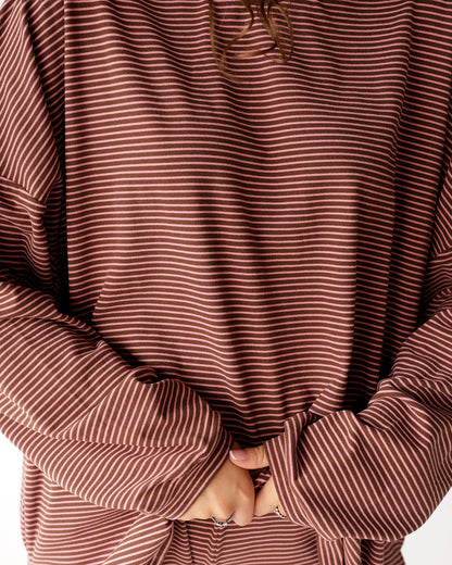 Oversized long sleeve top in brown and pink horizontal stripes with relaxed fit