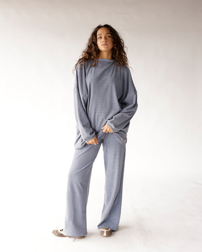 Oversized dusty blue striped long sleeve top with wide-leg matching pants