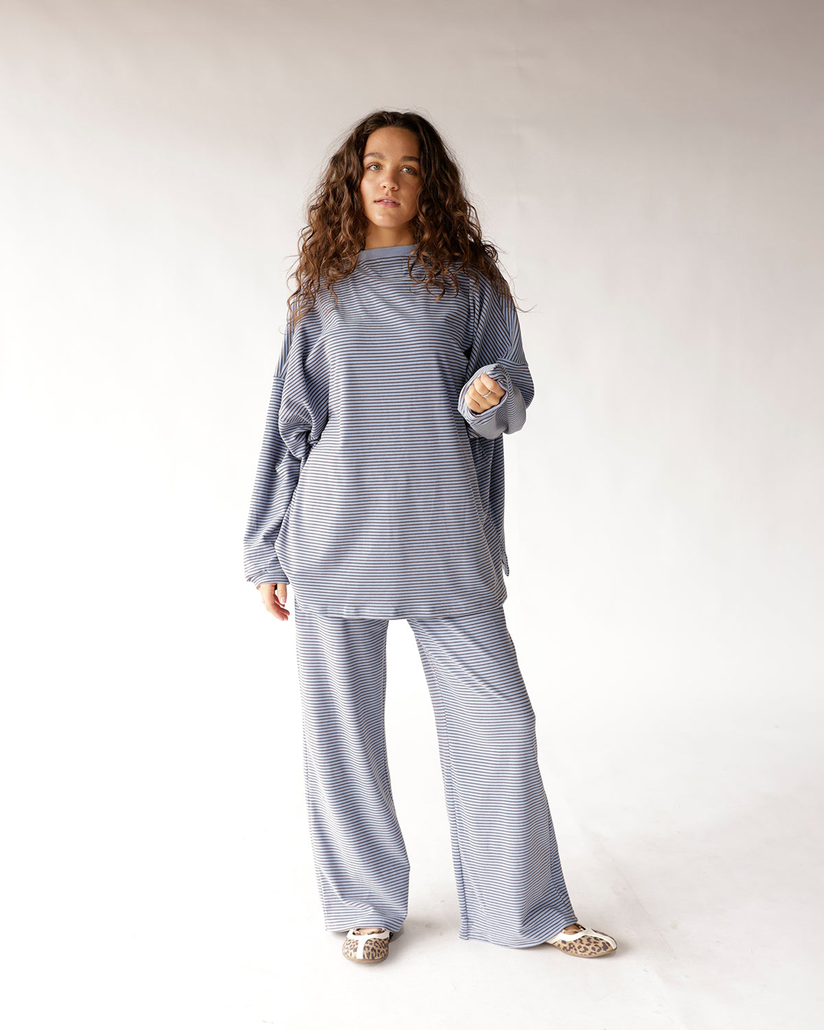 Oversized dusty blue striped long sleeve top with wide-leg matching pants