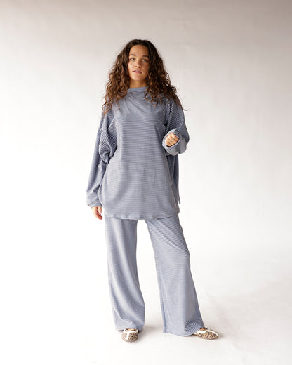 Oversized dusty blue striped long sleeve top with wide-leg matching pants