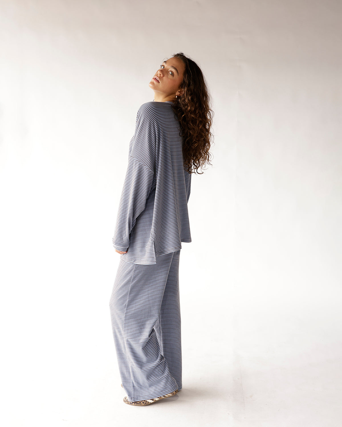 Dusty blue striped oversized long sleeve top with matching wide-leg maxi skirt