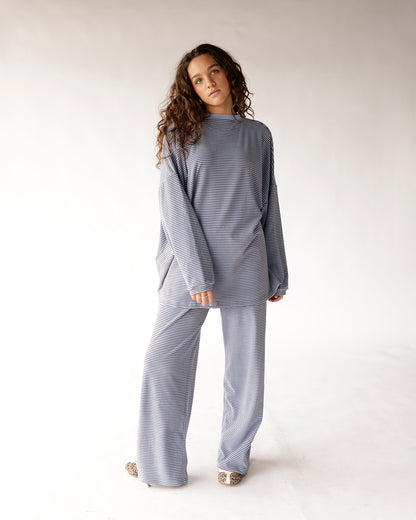 Dusty blue striped long sleeve oversized top with mock neck and wide sleeves