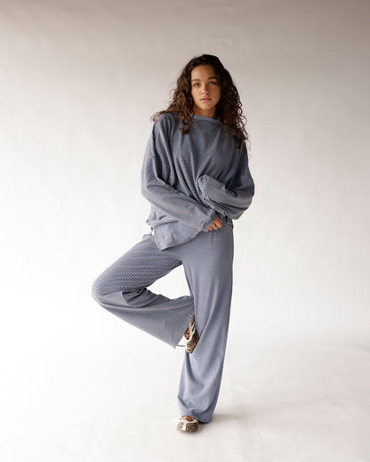Dusty blue striped long sleeve top with relaxed fit and wide neckline
